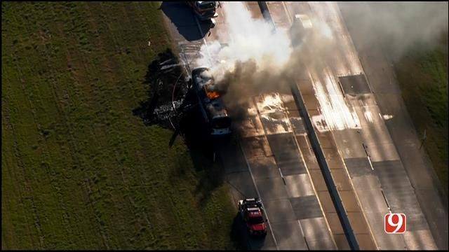 No One Injured After Stroud School Activity Bus Catches Fire On I-44 Near I-35